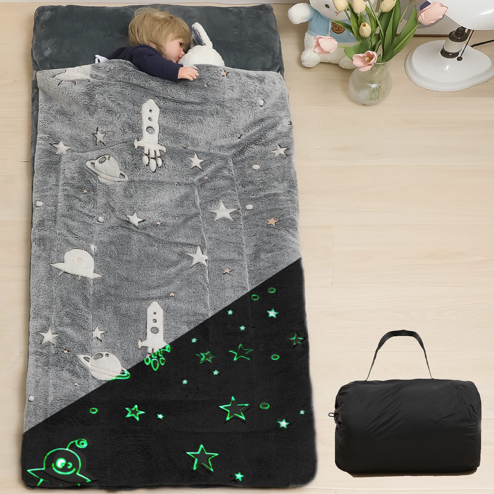 Grey Kids Sleeping Bags for Boys Girls Glow in The Dark Stars Space Slumber Bag Super Soft Nap Mat for Daycare Sleepovers | with Zipper Pillow Pocket and Carrying Bag