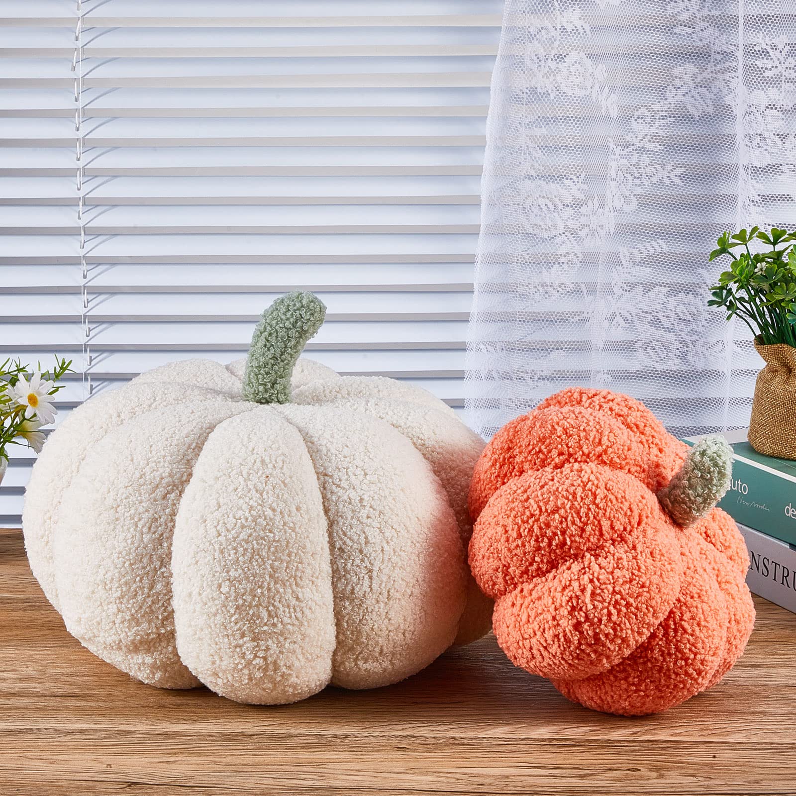 Juexica Halloween Stuffed Pumpkin Fluffy Plush Toy 3D Shaped Decorative Thanksgiving Pillow Soft Cute Throw, 11 Inch, 7 Inch(White, Orange, 2 Pcs)