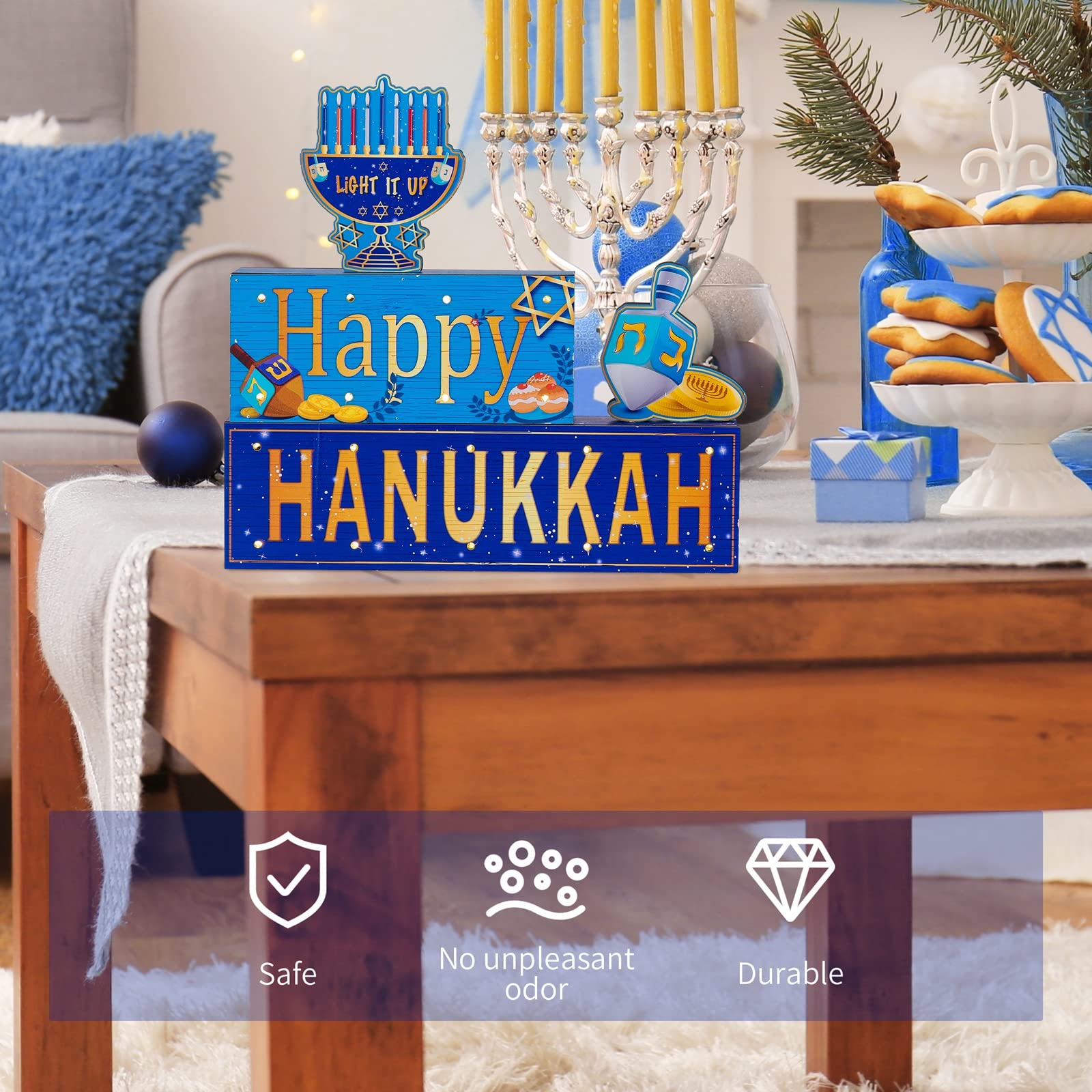 ANVAVO 5 Pieces Hanukkah Wooden Signs Happy HANUKKAH LIGHT IT UP Wooden Blocks Signs with LED Lights for Hanukkah Living Room Bedroom Tabletop Decorations