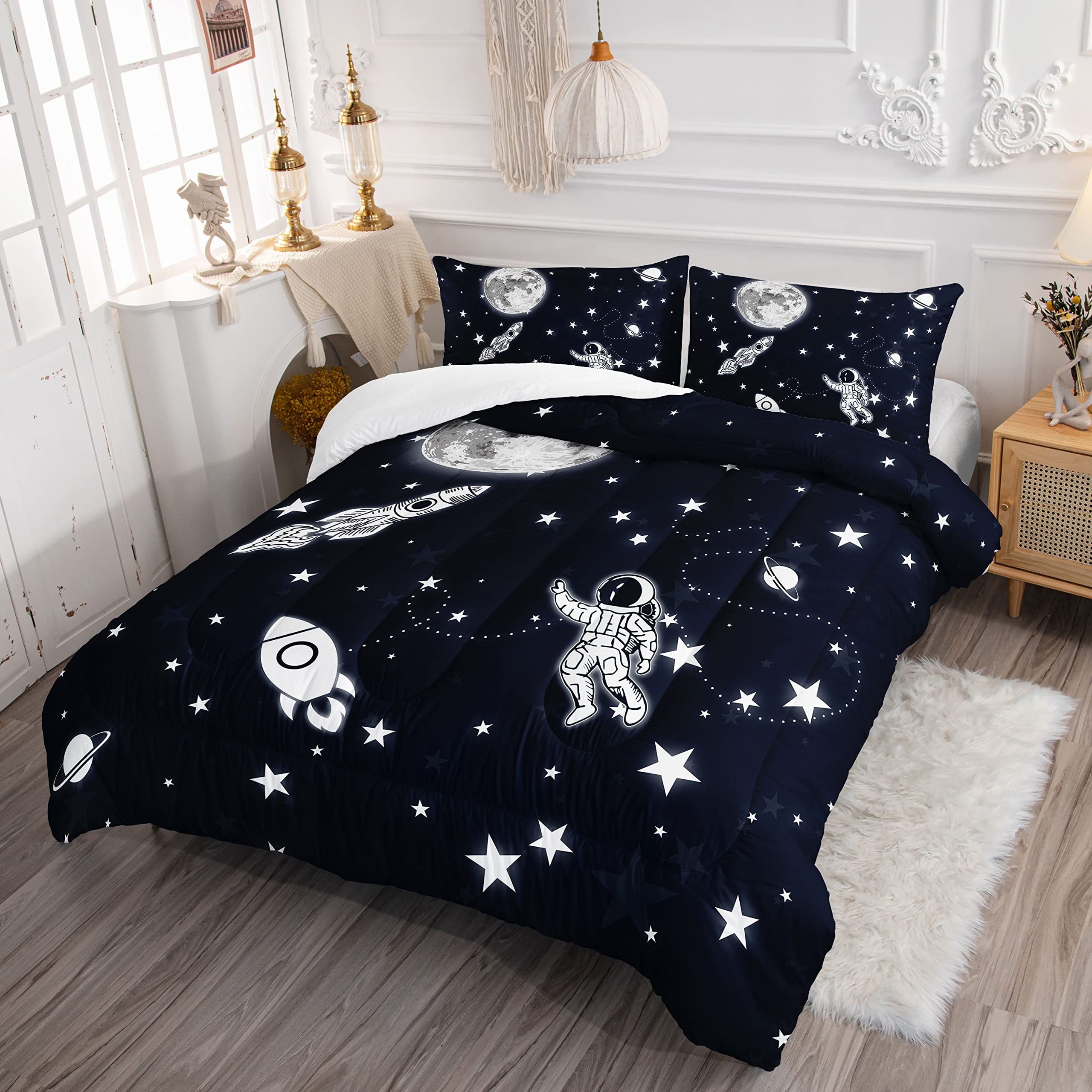 Datura home Kids Comforter Set Astronaut Space Rocket Printed Pattern Quilt Bedding Set with 1 Comforter and 2 Pillowcases for Girls Bedroom All Season(Space Rocket Full), Full 80x90inches