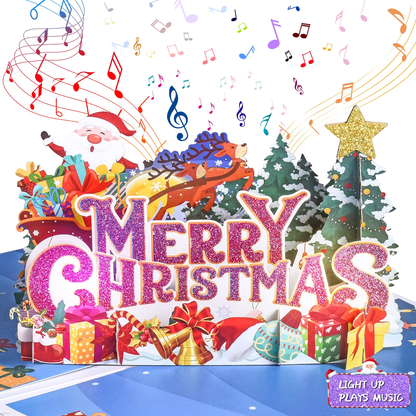 Venhoo Musical Christmas Card, 3D Christmas Pop Up Cards with Lights and Music of Merry Christmas, Double-Sides Pattern Design Holiday Greeting Card for Christmas Winter