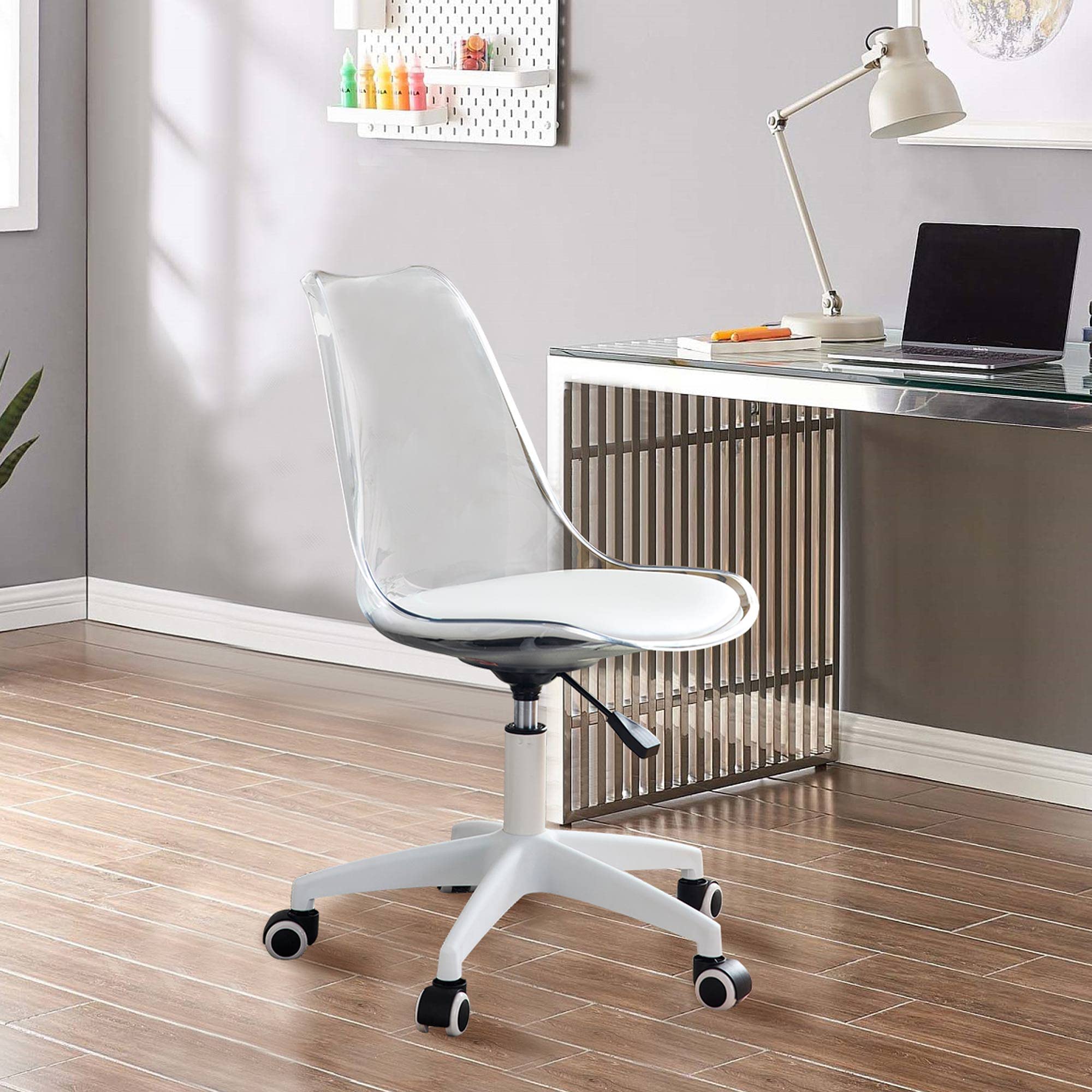 BAOPIN Home Office Desk Chair, Modern Computer Chair with Adjustable Height, Armless Acrylic Rolling Clear Chair with Wheels for Bedroom, Classroom, and Vanity Room (Clear)