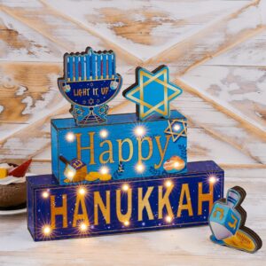 ANVAVO 5 Pieces Hanukkah Wooden Signs Happy HANUKKAH LIGHT IT UP Wooden Blocks Signs with LED Lights for Hanukkah Living Room Bedroom Tabletop Decorations