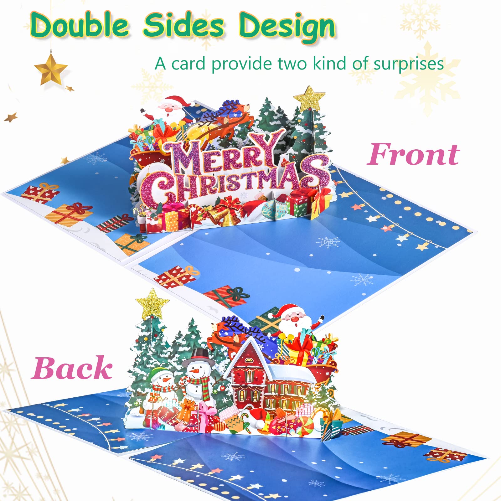 Venhoo Musical Christmas Card, 3D Christmas Pop Up Cards with Lights and Music of Merry Christmas, Double-Sides Pattern Design Holiday Greeting Card for Christmas Winter