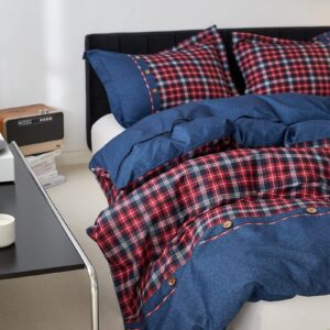 Simple&Opulence 100% Cotton Buffalo Check Plaid Printed Duvet Cover Set, 3 Pieces Bedding Set Including 1 Comforter Cover and 2 Pillow Shams, Soft and Comfortable (King,Red)