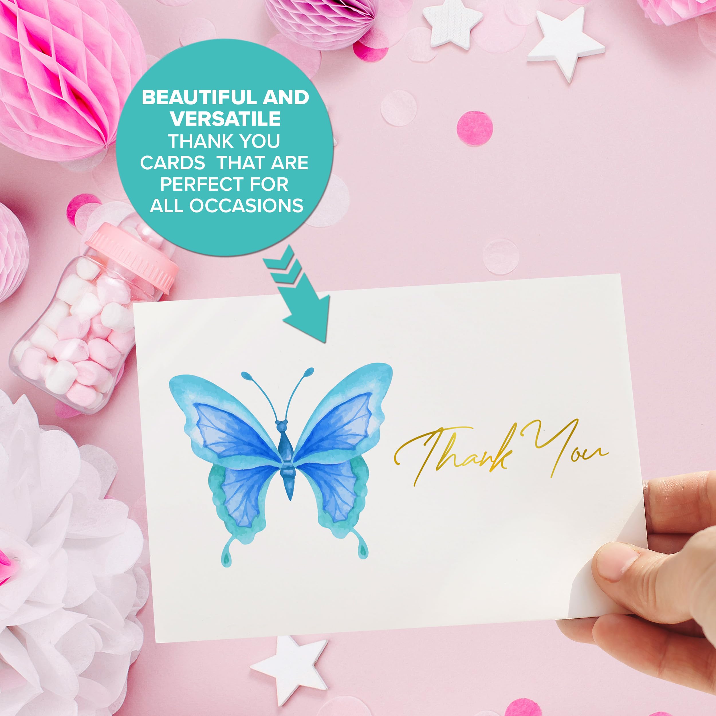 Decorably Thank You Cards with Envelopes & Stickers, Gold-Foiled Kid Cards - 24 Pack Butterfly Thank You Cards with Envelopes Butterfly, Blank Inside 6x4in Thank You Cards Butterfly Note Cards