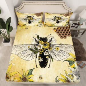 Erosebridal Fluffy Bee Fitted Sheet,Gerbera Floral Bed Sheet for Kids Boys Girls,Hexagon Beehive Sheet Set Soft Lightweight,Animal Theme Flat Sheet 3Pcs Bedroom Decor,Twin Size