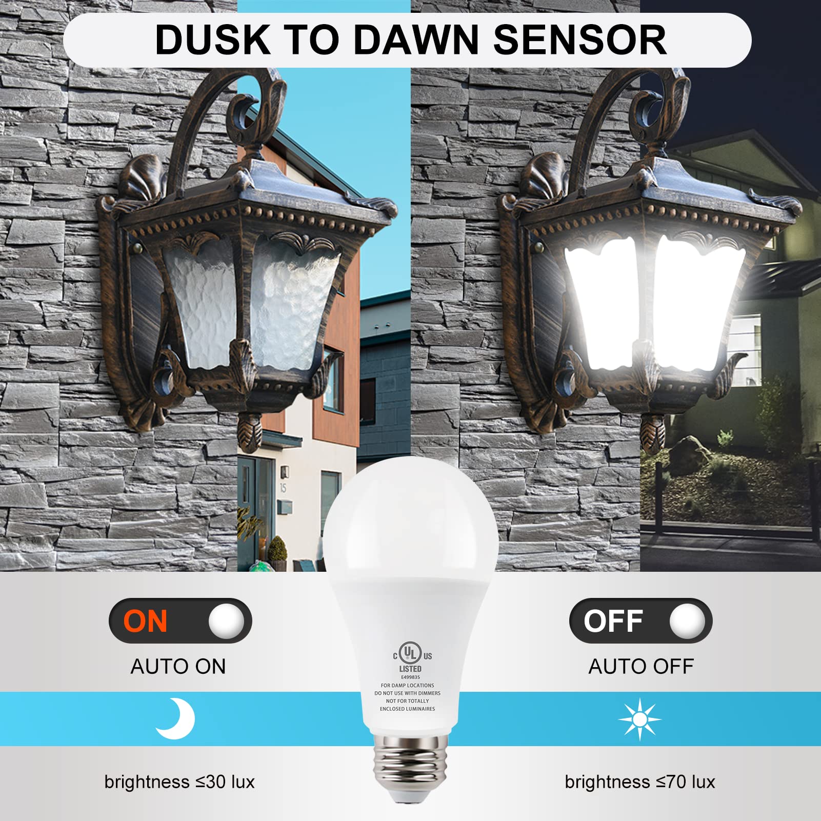 JackonLux Dusk to Dawn Light Bulbs Outdoor Automatic On/Off Sensor Bulb 8W E26 5000K Energy Saving Daylight for Porch Garage Entrance 4 Pack