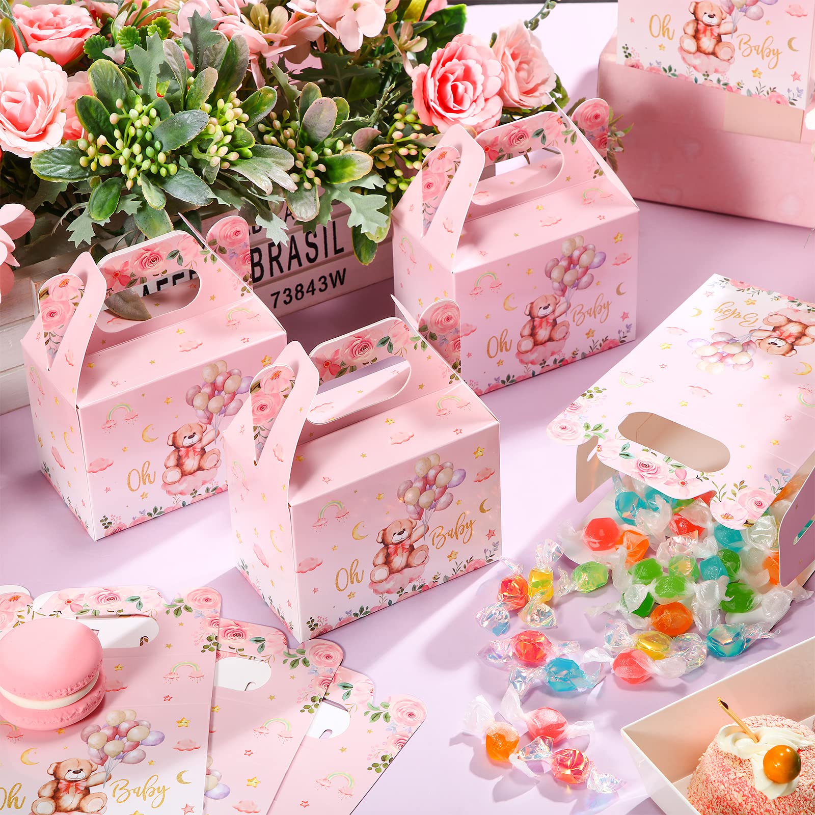 36 Pieces Bear Baby Shower Party Favor Boxes Cute Bear Treat Boxes Paper Candy Cookies Box Decoration for Baby Shower Party Supplies Gender Reveal Bear Themed Birthday Party Decor (Pink)