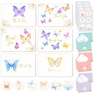 decorably thank you cards with envelopes & stickers, gold-foiled kid cards - 24 pack butterfly thank you cards with envelopes butterfly, blank inside 6x4in thank you cards butterfly note cards