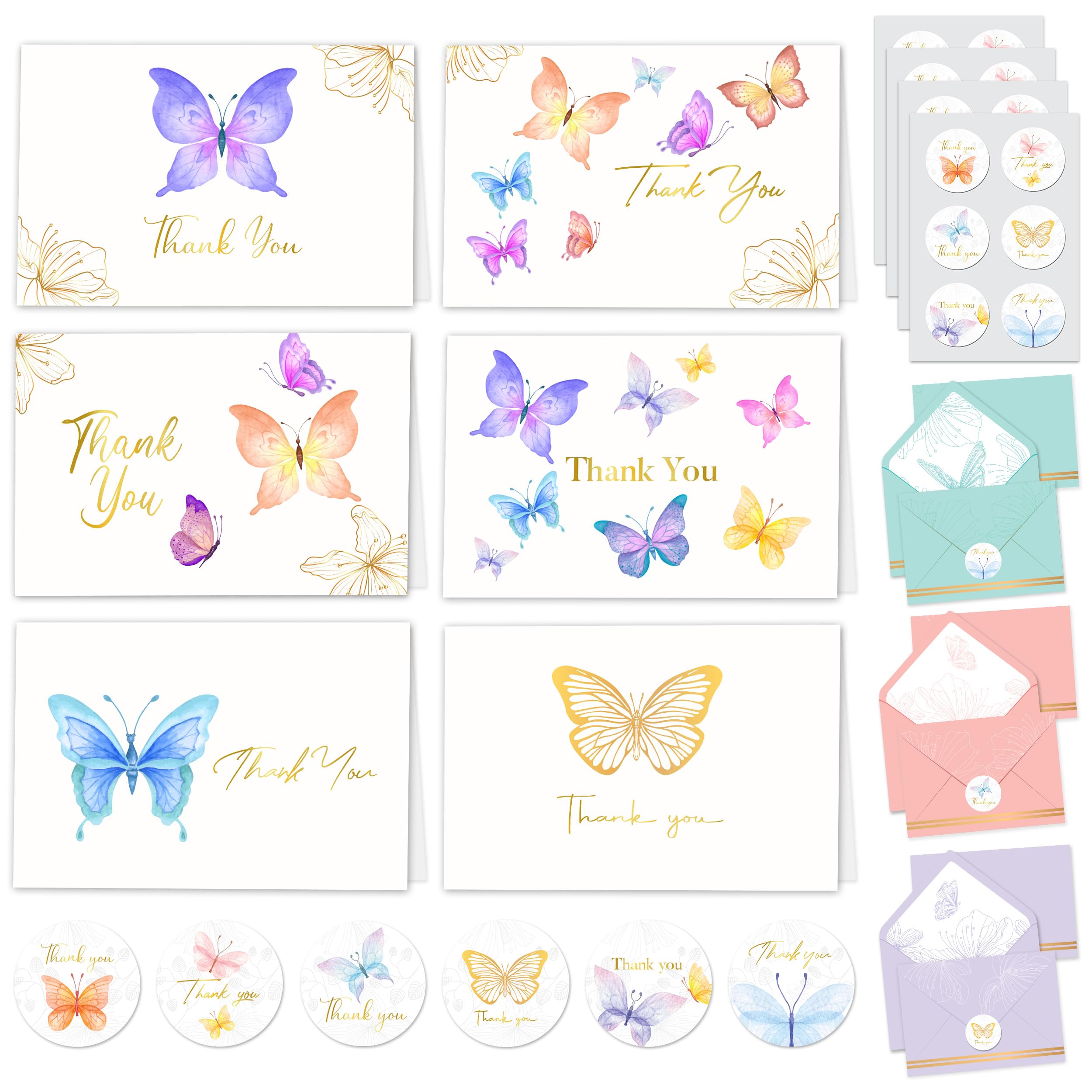 Decorably Thank You Cards with Envelopes & Stickers, Gold-Foiled Kid Cards - 24 Pack Butterfly Thank You Cards with Envelopes Butterfly, Blank Inside 6x4in Thank You Cards Butterfly Note Cards