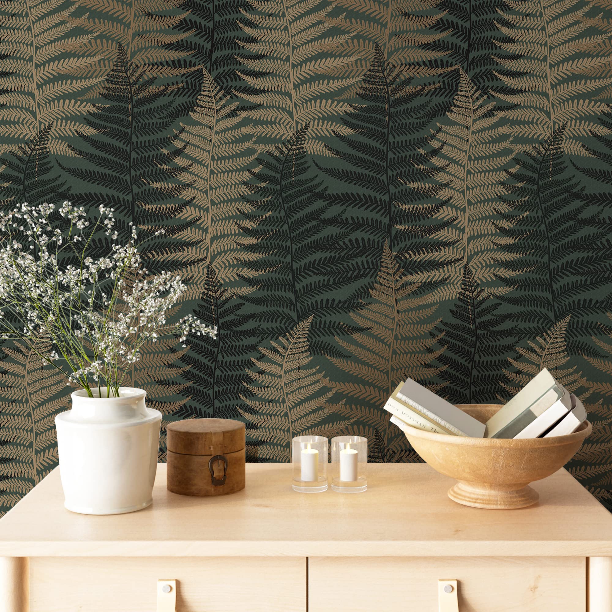 JiffDiff Botanical Fern Wallpaper Peel and Stick Leaf Wallpaper Green Grunge Ferns Removable Wallpaper Botanical Greenery Wallpaper Self Adhesive 17.73" x 393.7" Covering 47.36 sq.ft