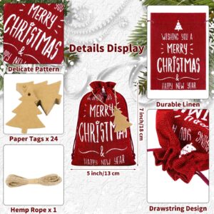 MIMIND 24 Pack Christmas Linen Bags with Drawstrings 7 x 5 Inch Burlap Gift Bags Christmas Burlap Goody Present Bags with Cards for Party Favor, 12 Designs, Wine Red