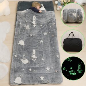 Kids Sleeping Bag Glow in The Dark Slumber Bag for Boys and Girls Padded Nap Mats for Preschool Grey Galaxy Stars Rocket Shining Luminous Sleepover Sack for Toddler Daycare Kindergarten