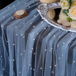 osvino 10ft pearl tablecloth sky blue lace 63x120 inches long beaded tulle dessert table cloth romantic wedding veil tulle arch decorations bridal shower holiday birthday party decor