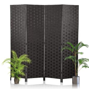 Room Divider, 6FT Wall Divider Wood Screen 4 Panels Wood Mesh Hand-Woven Design Room Screen Divider Indoor Folding Portable Partition Screen,Black