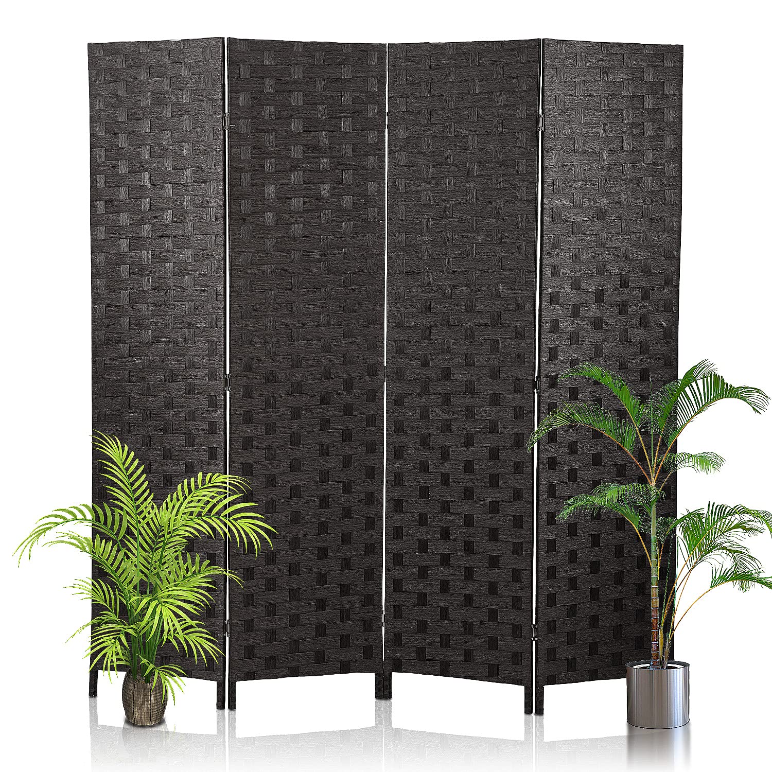 Room Divider, 6FT Wall Divider Wood Screen 4 Panels Wood Mesh Hand-Woven Design Room Screen Divider Indoor Folding Portable Partition Screen,Black