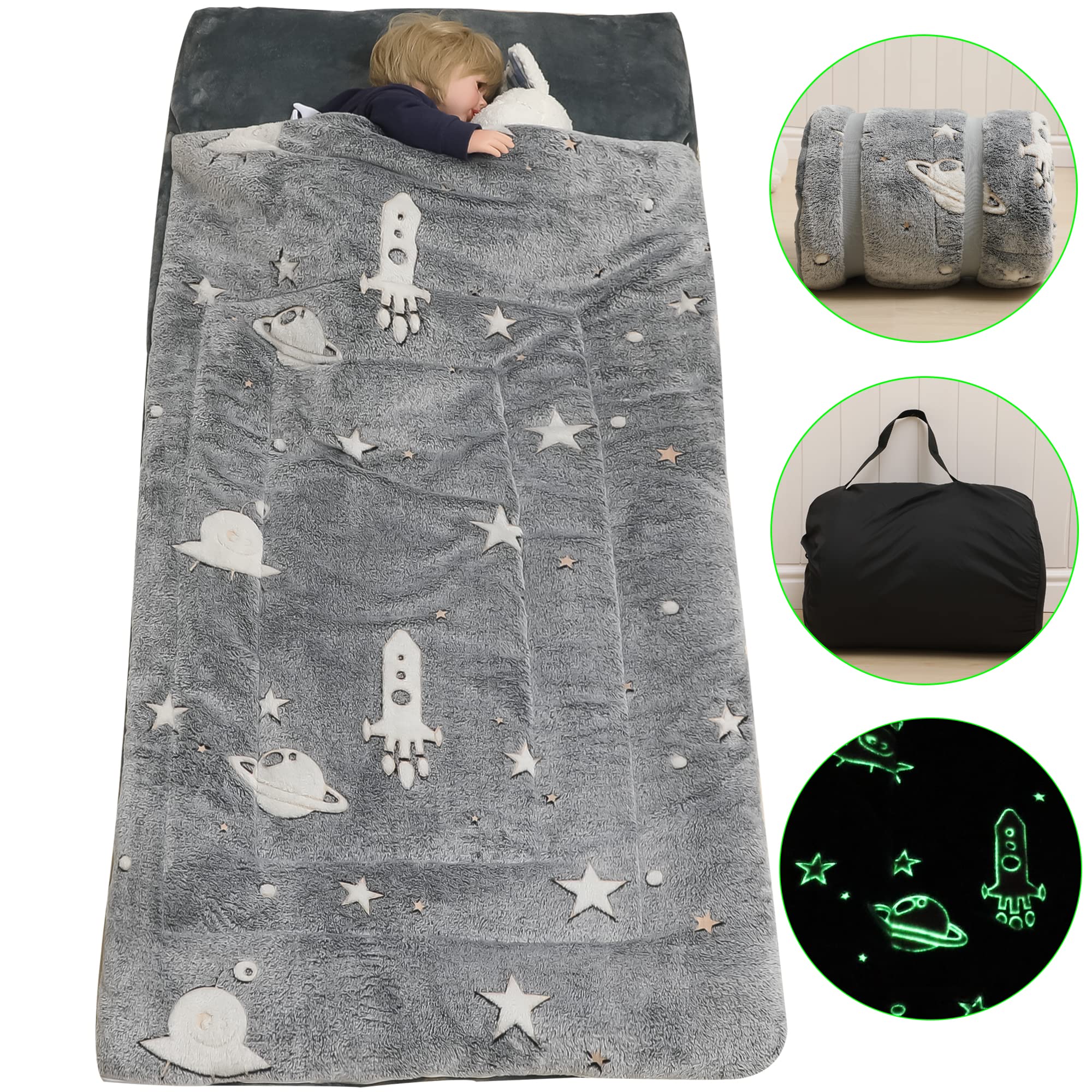 Kids Sleeping Bag Glow in The Dark Slumber Bag for Boys and Girls Padded Nap Mats for Preschool Grey Galaxy Stars Rocket Shining Luminous Sleepover Sack for Toddler Daycare Kindergarten