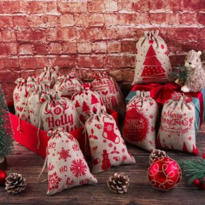 MIMIND 24 Pack Christmas Jute Burlap Bags 7 x 5 Inch Christmas Linen Bags with Drawstrings Treat Bag Goody Present Bags for Christmas Party Favor, 12 Designs