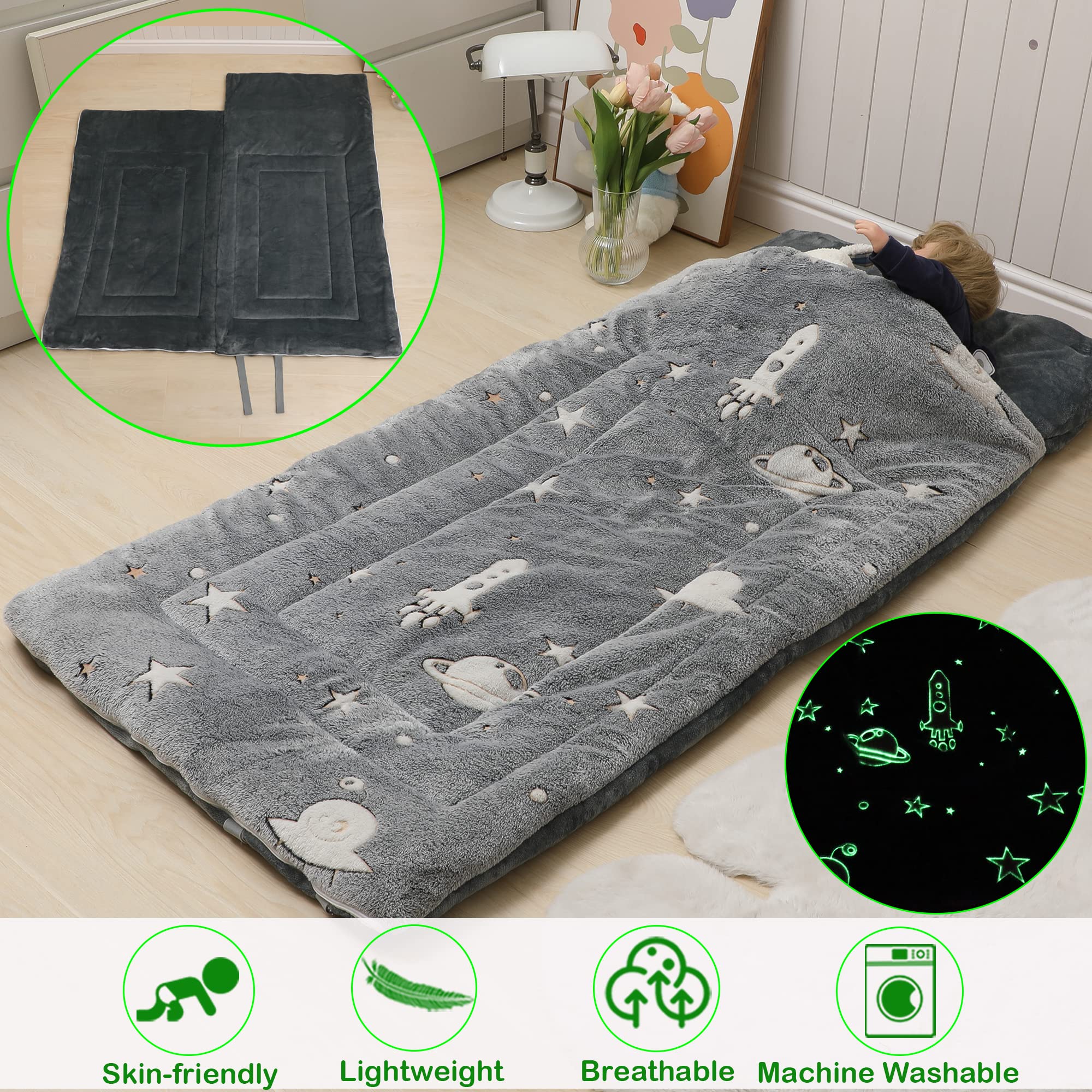 Kids Sleeping Bag Glow in The Dark Slumber Bag for Boys and Girls Padded Nap Mats for Preschool Grey Galaxy Stars Rocket Shining Luminous Sleepover Sack for Toddler Daycare Kindergarten