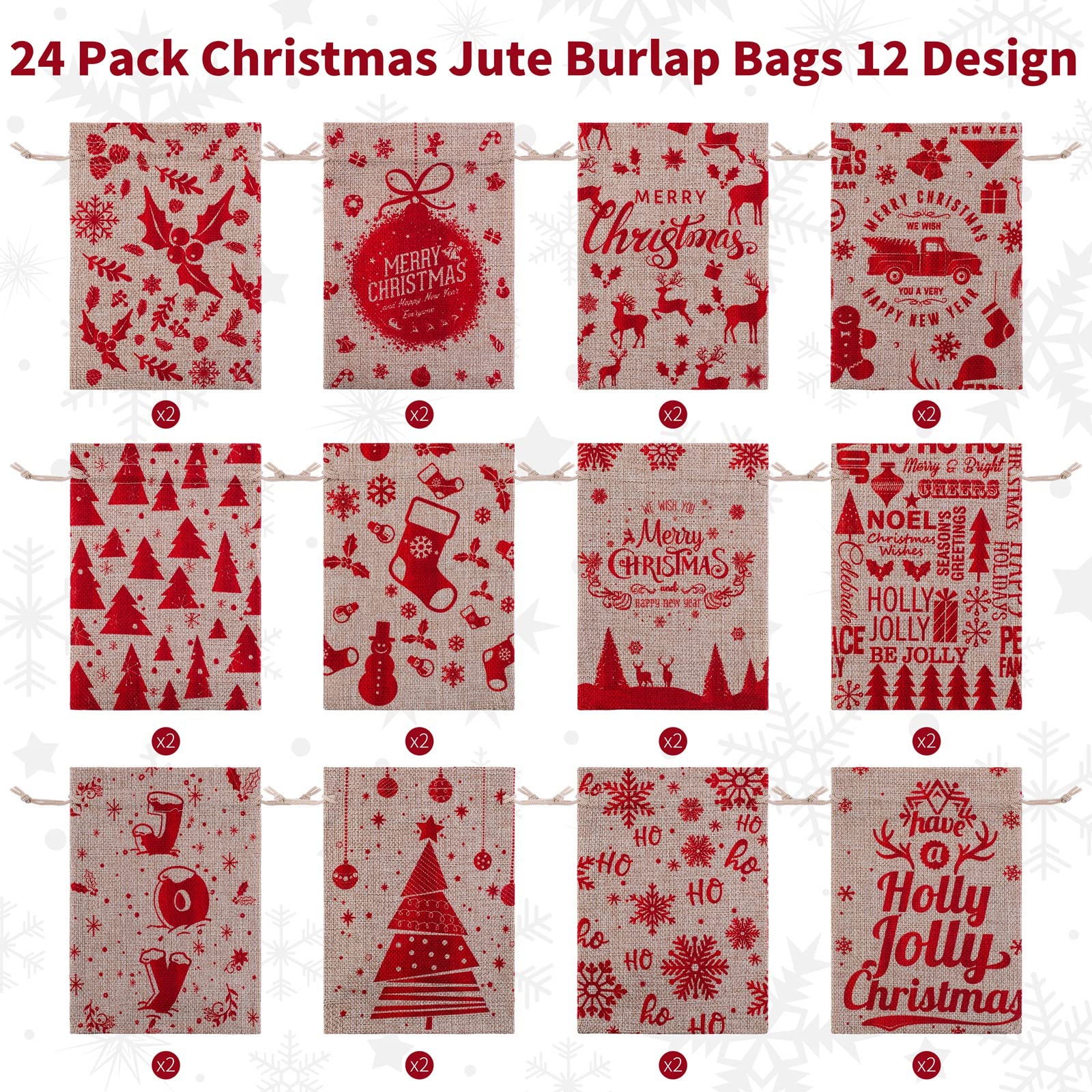 MIMIND 24 Pack Christmas Jute Burlap Bags 7 x 5 Inch Christmas Linen Bags with Drawstrings Treat Bag Goody Present Bags for Christmas Party Favor, 12 Designs