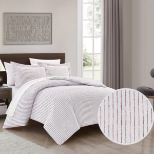 Chic Home Wesley 3 Piece Duvet Cover Set Contemporary Solid White with Dot Striped Pattern Print Design Bedding - Pillow Shams Included, King, Wine Red