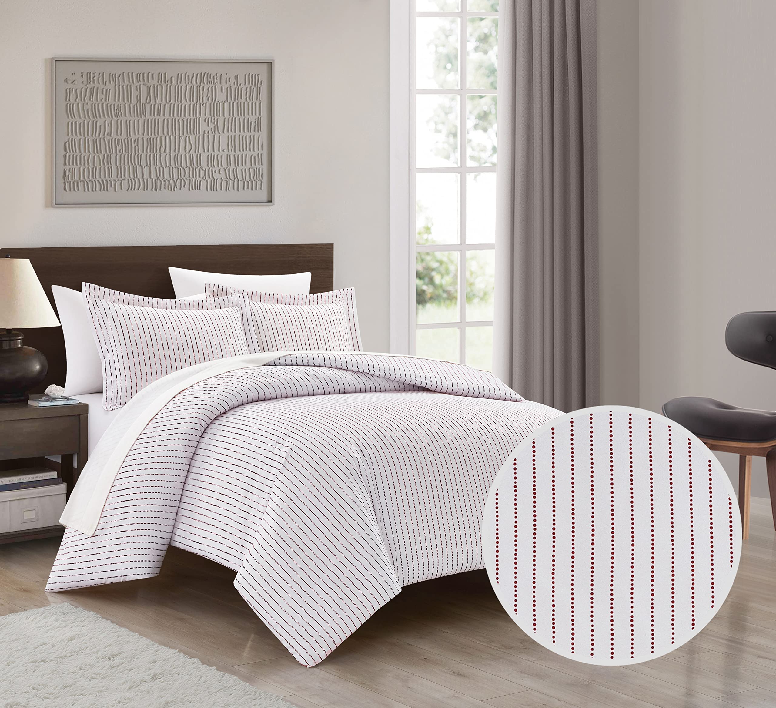 Chic Home Wesley 3 Piece Duvet Cover Set Contemporary Solid White with Dot Striped Pattern Print Design Bedding - Pillow Shams Included, King, Wine Red