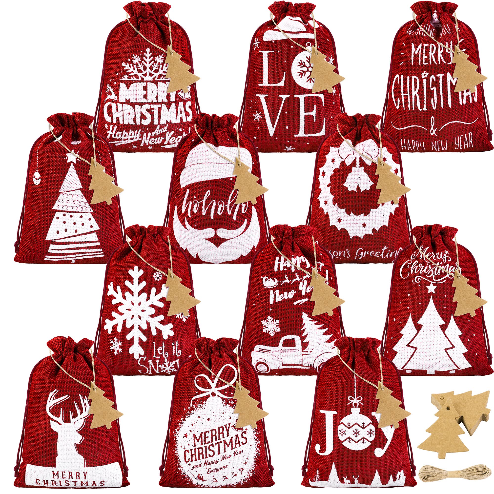 MIMIND 24 Pack Christmas Linen Bags with Drawstrings 7 x 5 Inch Burlap Gift Bags Christmas Burlap Goody Present Bags with Cards for Party Favor, 12 Designs, Wine Red