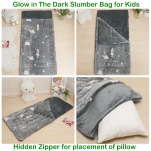 Kids Sleeping Bag Glow in The Dark Slumber Bag for Boys and Girls Padded Nap Mats for Preschool Grey Galaxy Stars Rocket Shining Luminous Sleepover Sack for Toddler Daycare Kindergarten