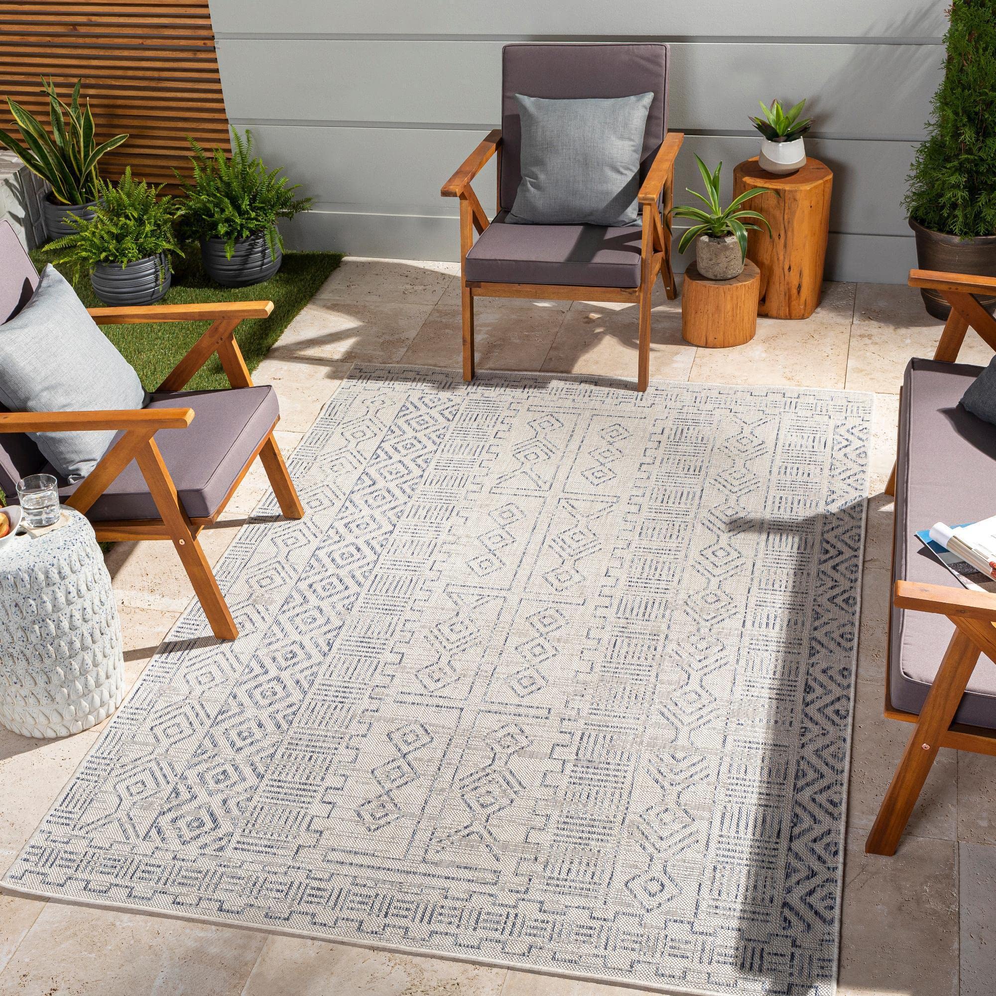 Mark&Day Outdoor Rugs, 8x8 Latimer Global Indoor/Outdoor Beige Square Area Rug, Non Shedding Beige Grey Carpet for Patio, Porch, Deck, Bedroom, Living Room or Kitchen (7'10" Square)