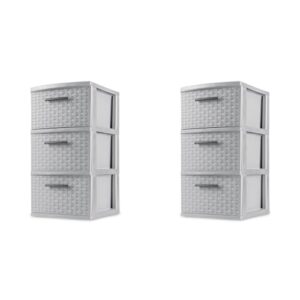 sterilite 3 drawer weave storage tower, plastic decorative drawers to organize clothes in bedroom, closet, gray with gray drawers, 2-pack