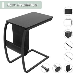 SRIWATANA Side End Tables Living Room, Vintage C-Shaped Laptop Table for Couch, Snack Table with Side Pocket, Black