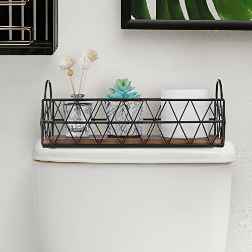 MyGift 16 Inch Deluxe Black Metal Toilet Tank Tray with Geometric Wire Design and Burnt Wood Base, Bathroom Vanity Toiletry Storage Organizer Tray with Handles