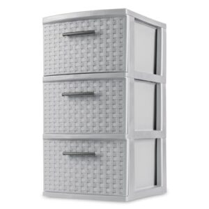 Sterilite 3 Drawer Weave Storage Tower, Plastic Decorative Drawers to Organize Clothes in Bedroom, Closet, Gray with Gray Drawers, 2-Pack