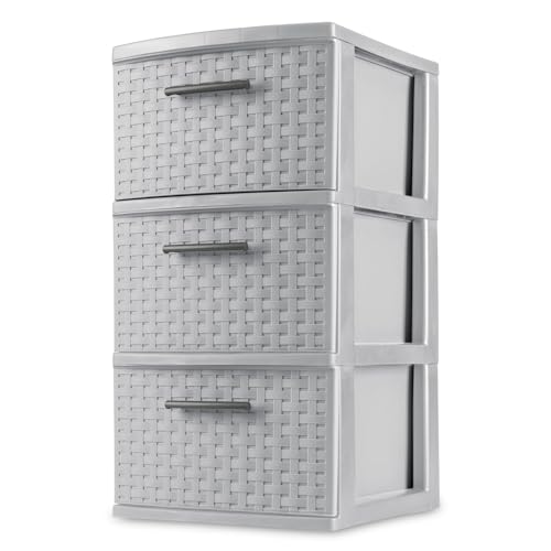 Sterilite 3 Drawer Weave Storage Tower, Plastic Decorative Drawers to Organize Clothes in Bedroom, Closet, Gray with Gray Drawers, 2-Pack