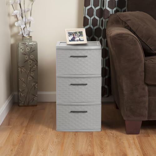 Sterilite 3 Drawer Weave Storage Tower, Plastic Decorative Drawers to Organize Clothes in Bedroom, Closet, Gray with Gray Drawers, 2-Pack