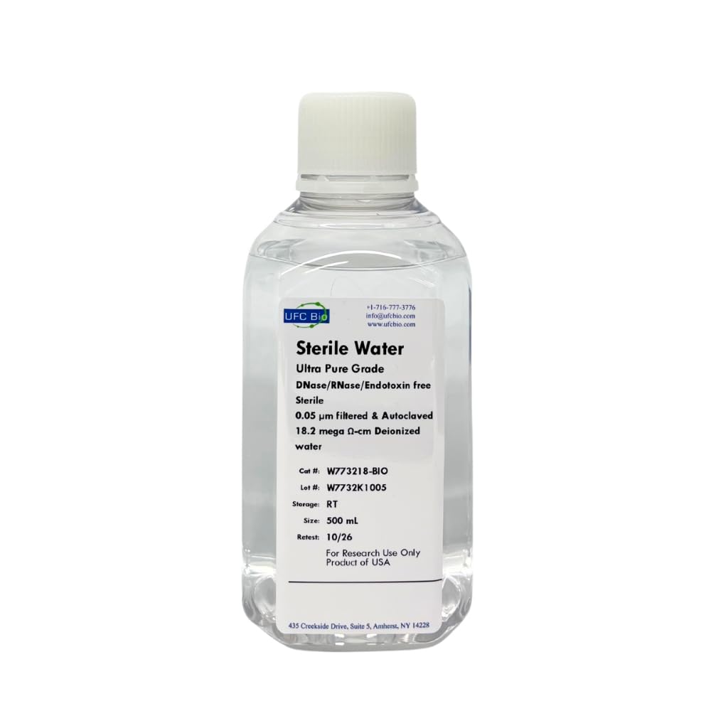 Sterile Water - Ultra Pure Grade - RNase/DNase/Endotoxin Free, Sterile, 0.05um Filtered & Autoclaved 18.2 Mega Ohm-cm Deionized Water - 500mL