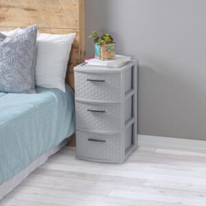 Sterilite 3 Drawer Weave Storage Tower, Plastic Decorative Drawers to Organize Clothes in Bedroom, Closet, Gray with Gray Drawers, 2-Pack