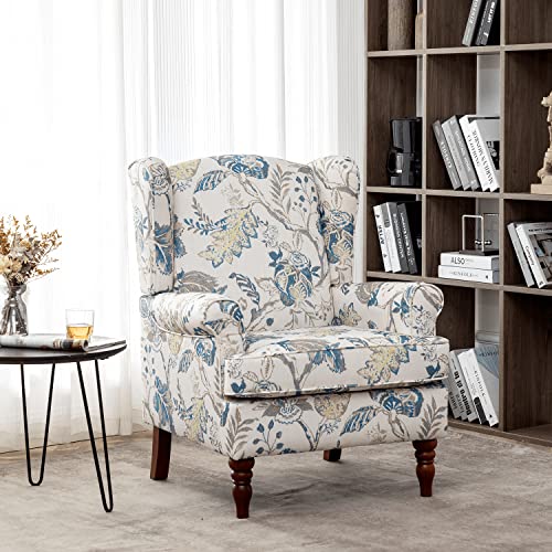 MELLCOM Floral Accent Chair, High Back Upholstered Armchair with Solid Legs, Leisure Single Sofa Chair for Living Room, Bedroom, Home Office, Blue Floral