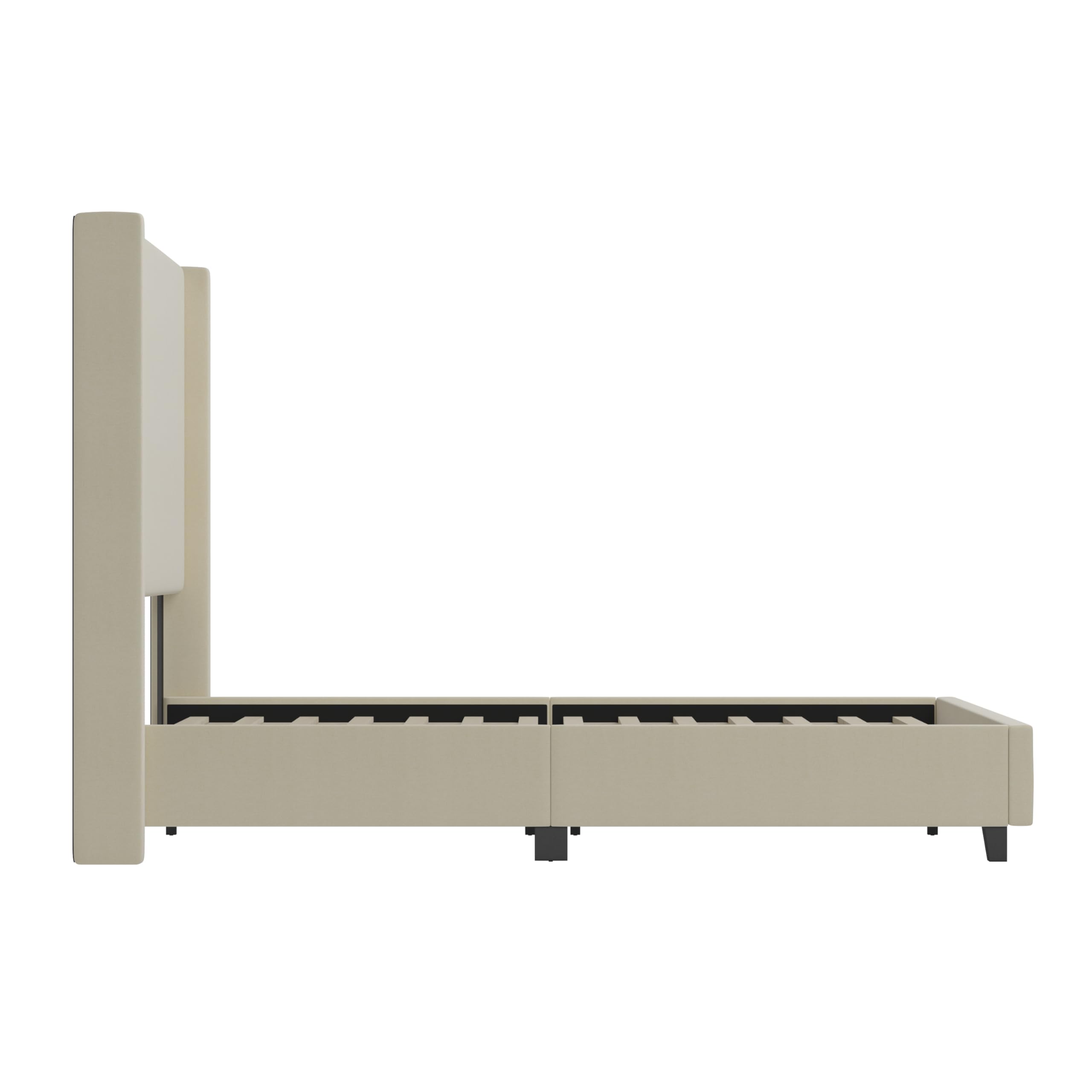 Merrick Lane Bramlett Modern Platform Bed - Beige Faux Linen - Queen - Padded Wingback Headboard - 3" Floor Clearance - Wood Support Slats - No Box Spring Needed