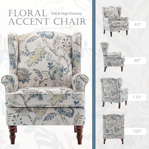 MELLCOM Floral Accent Chair, High Back Upholstered Armchair with Solid Legs, Leisure Single Sofa Chair for Living Room, Bedroom, Home Office, Blue Floral