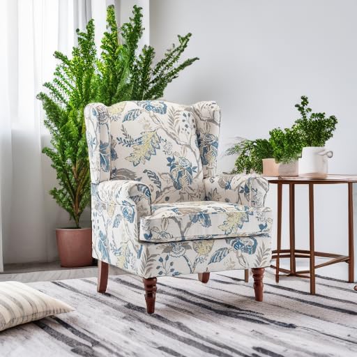 MELLCOM Floral Accent Chair, High Back Upholstered Armchair with Solid Legs, Leisure Single Sofa Chair for Living Room, Bedroom, Home Office, Blue Floral