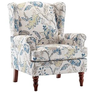 mellcom floral accent chair, high back upholstered armchair with solid legs, leisure single sofa chair for living room, bedroom, home office, blue floral