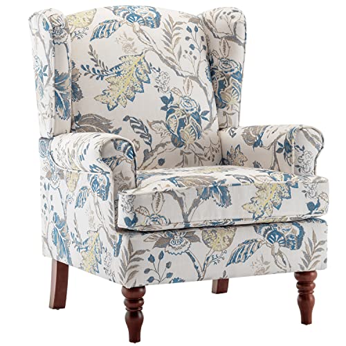 MELLCOM Floral Accent Chair, High Back Upholstered Armchair with Solid Legs, Leisure Single Sofa Chair for Living Room, Bedroom, Home Office, Blue Floral