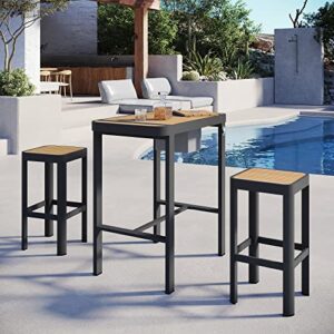 east oak signature 3-piece outdoor bar set, patio table with teak wood and aluminum, outdoor patio furniture for 2, outdoor high top table and chairs set for backyard, garden and pool, dark grey