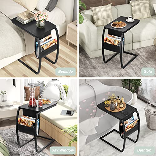 SRIWATANA Side End Tables Living Room, Vintage C-Shaped Laptop Table for Couch, Snack Table with Side Pocket, Black