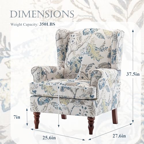 MELLCOM Floral Accent Chair, High Back Upholstered Armchair with Solid Legs, Leisure Single Sofa Chair for Living Room, Bedroom, Home Office, Blue Floral