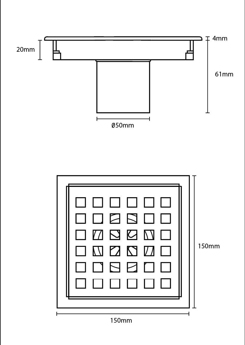 BIHAI 6 Inch Square Shower Drain with Flange, 15cm Matt Black Bathroom Floor Drain, Quadrato Pattern Grate Removable Cover, Bath Drain, Wall Drain, Stainless Steel Drain (Mat Black)