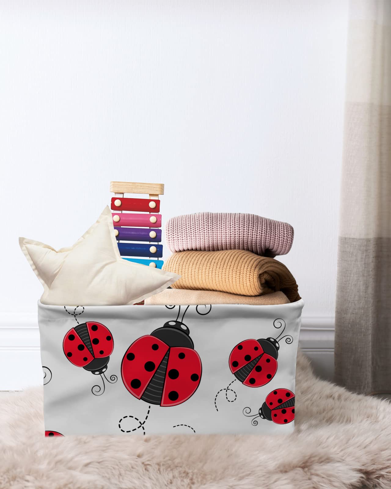 Lady-bugs Cube Storage Organizer Bins with Handles, 15x11x9.5 Inch Collapsible Canvas Cloth Fabric Storage Basket, Red Minimalistic Abstract White Books Bin Boxes for Shelves, Closet