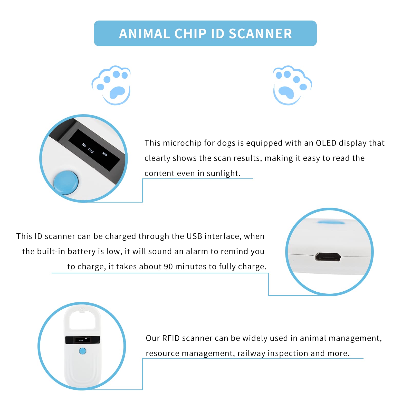 Gugxiom Pet Microchip Scanner, 134.2Khz/125Khz Pet Microchip Reader with OLED display, Low Battery Alarm Animal Chip ID Scanner for FDX B(ISO11784/11785) and EMID microchips